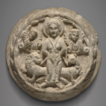 Stone rondelle of Saint Thecla paired with angels and lions